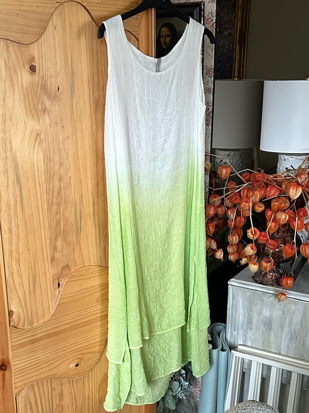 Louida Sleeveless Ombre White to Light Green Dress, size small, 45” long, $45